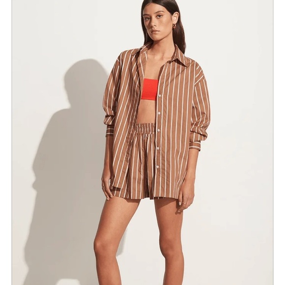 NEW Faithfull the Brand oversized brown white stripe cotton button down Shirt XL - Picture 2 of 16